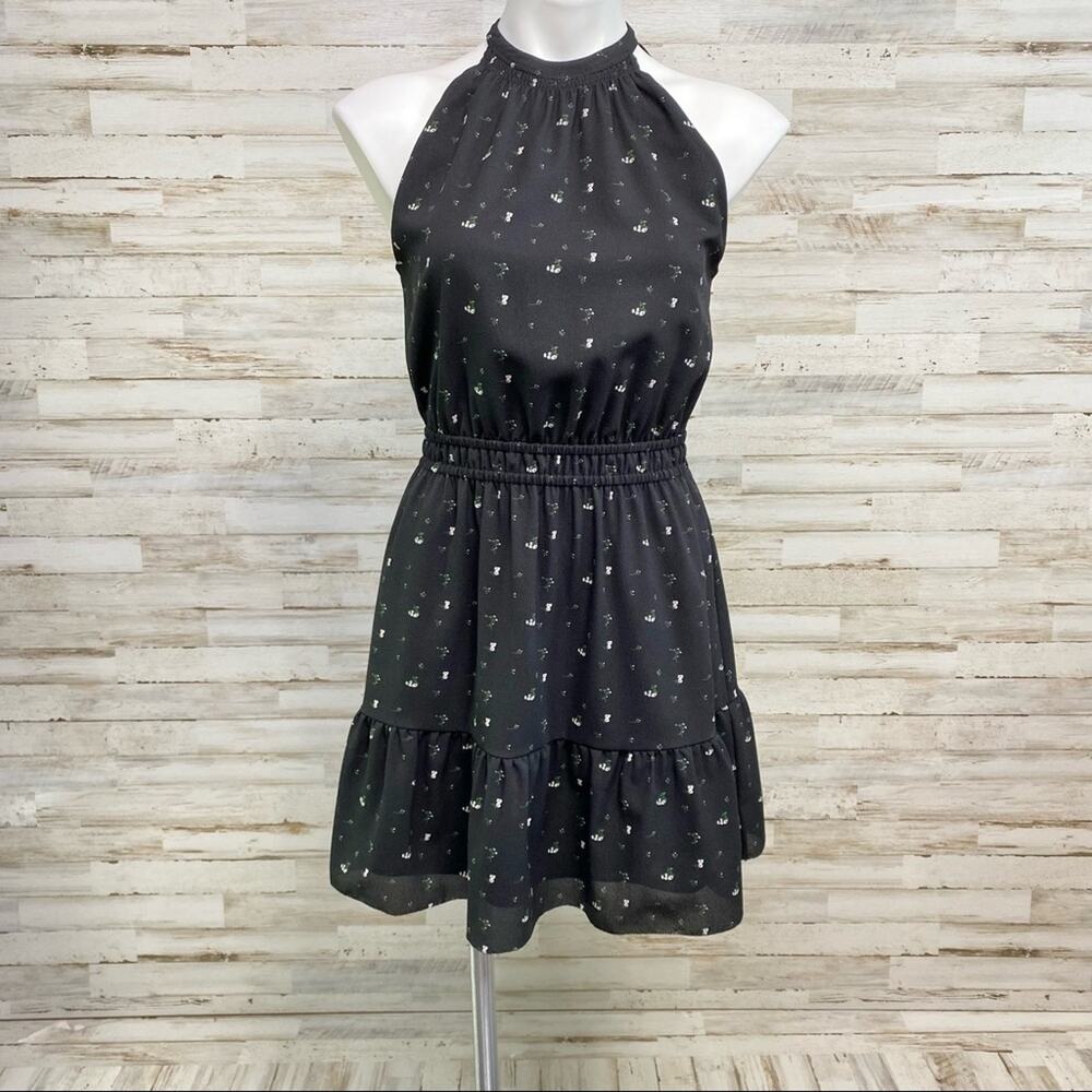 Aritzia Wilfred Effet Halter Floral Dress Womens Size XS Black Split Back Ruffle - Picture 3 of 16